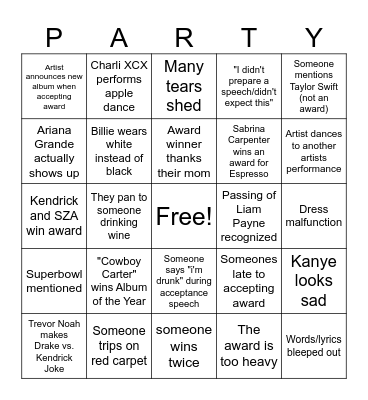 Grammy's 2025 Bingo Card