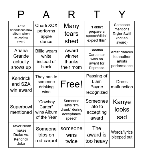 Grammy's 2025 Bingo Card