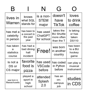 BUDSA Icebreaker BINGO Card