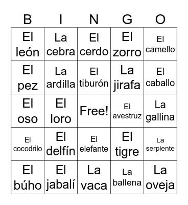 Los animales Bingo Card