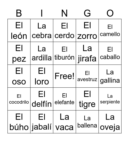 Los animales Bingo Card