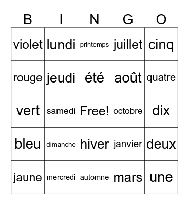 French Bingo Card