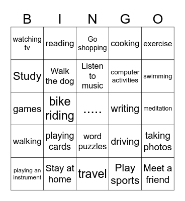Leisure Time Bingo Card