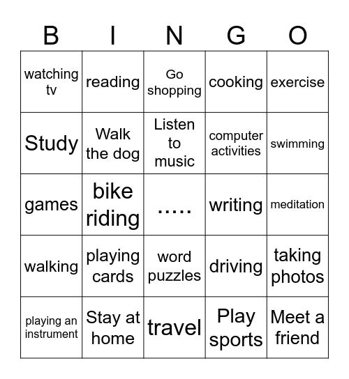 Leisure Time Bingo Card