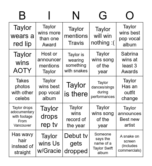 2025 Grammy's Bingo Card