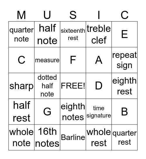 Notes, Rhythms, and Staff Bingo Card