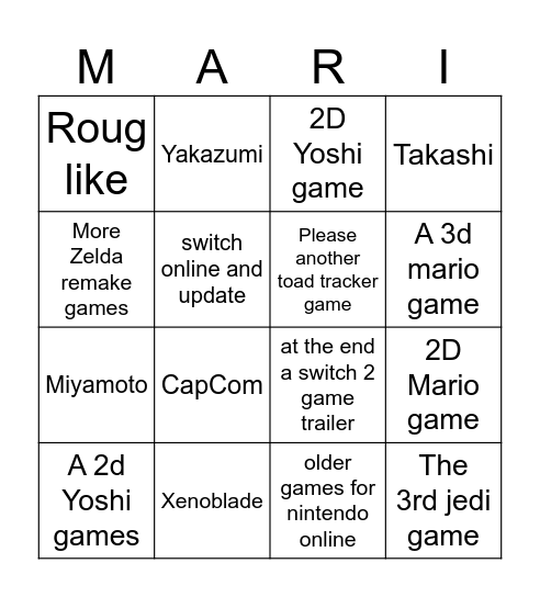 Nintendo switch 1 direct Bingo Card