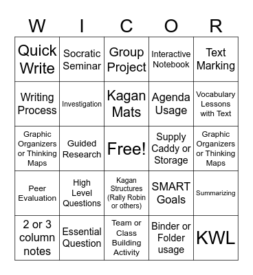 Salinas Stars AVID Strategies Bingo Card