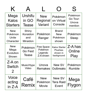 Pokémon Presents Bingo Card