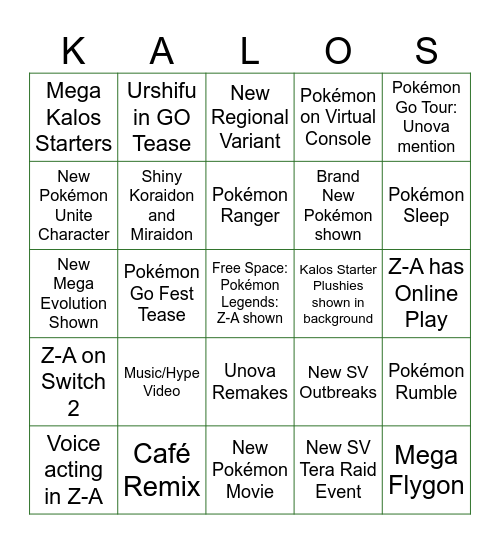 Pokémon Presents Bingo Card