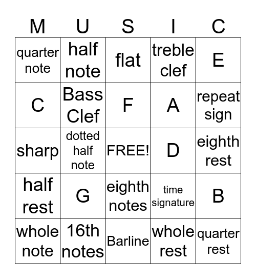 Notes, Rhythms, and Staff Bingo Card
