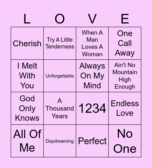 Love Songs Round 1 Bingo Card