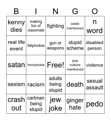 South Park Bingo Card