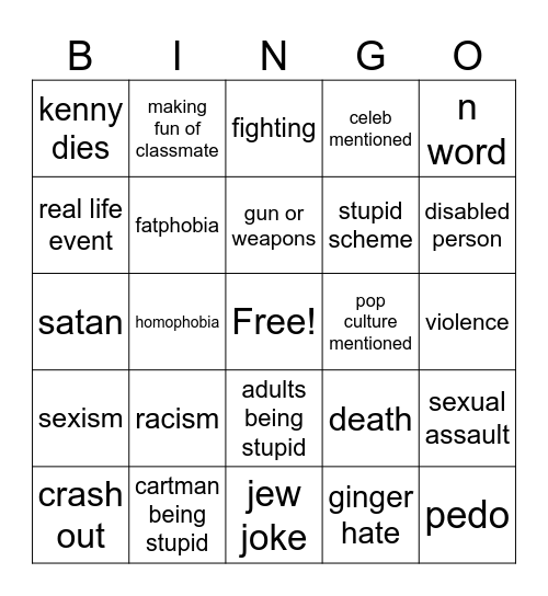 South Park Bingo Card