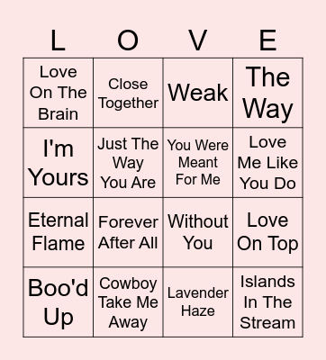 Love Songs Round 2 Bingo Card