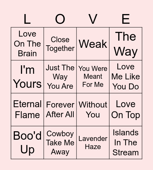 Love Songs Round 2 Bingo Card