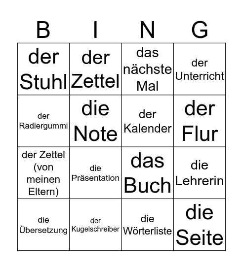 Deutsch Bingo Card