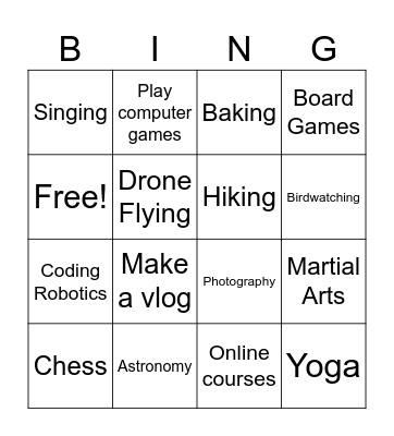 Free Time Activities Bingo Card
