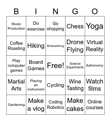 Free Time Activities Bingo Card