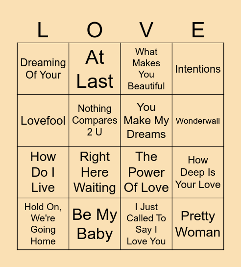 Love Songs Round 3 Bingo Card