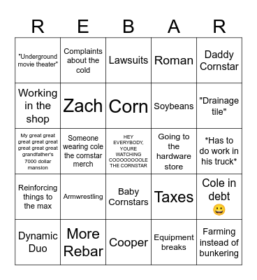 Cole the Cornstar Bingo Card