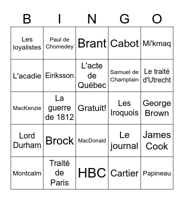 L'Histoire de Canada Bingo Card