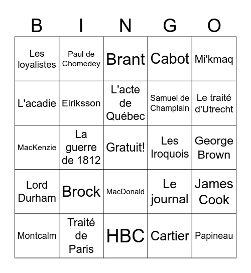L'Histoire de Canada Bingo Card