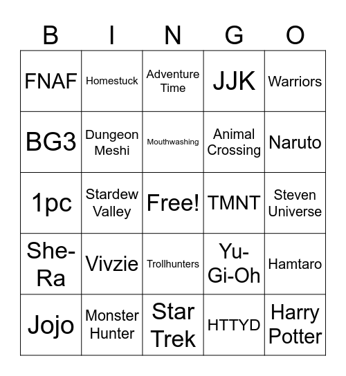 Fandom Bingo Card