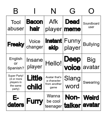 Roblox Neighbors VC Bingo Card