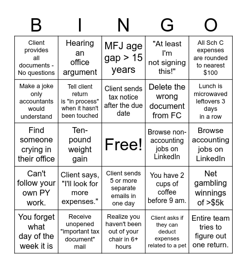 Tax Season Bingo Card