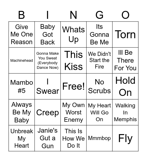 90's Throw Backs Bingo Card