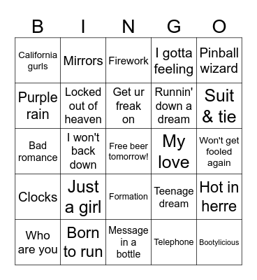Halftime Songs Bingo Card