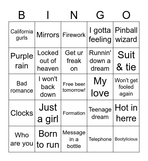 Halftime Songs Bingo Card