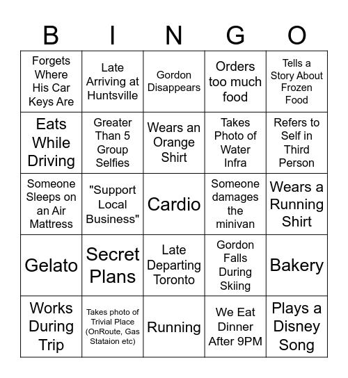 "Travelling with Gordon" Bingo Card