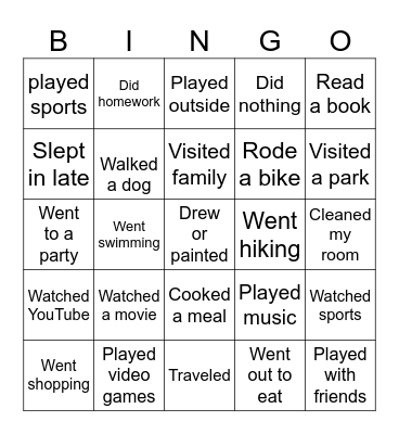 Weekend Highlights Bingo Card 1 Bingo Card