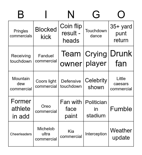 Superbowl LIX (Taylor's Version) Bingo Card