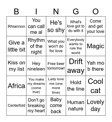 Yacht Rock Bingo Card