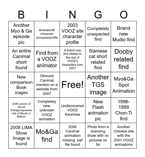 2025 VOOZ Search Bingo (as of February 2nd, 2025) Bingo Card