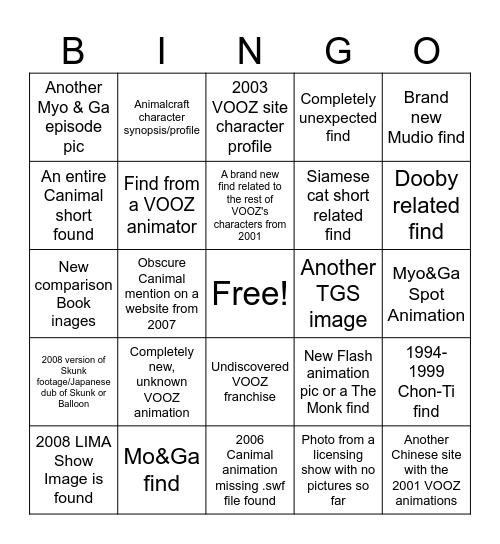 2025 VOOZ Search Bingo (as of February 2nd, 2025) Bingo Card
