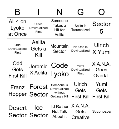 Code Lyoko Season 2 Bingo Card