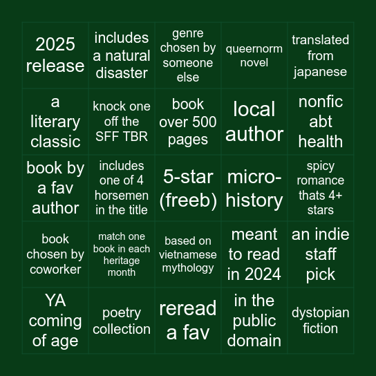 Star's 2025 Reading Bingo Card