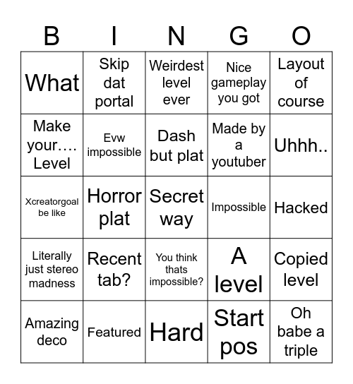 Geometry dash platformer bingo Card
