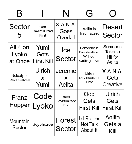 Code Lyoko Season 2 Bingo Card