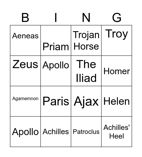 The Trojan War Bingo Card