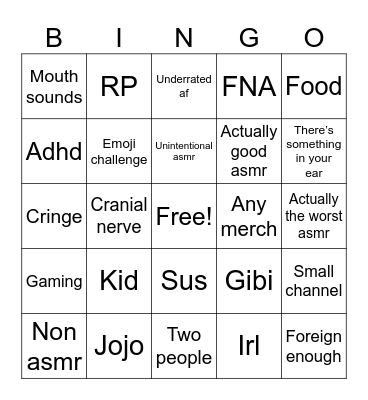 TikTok asmr Bingo Card