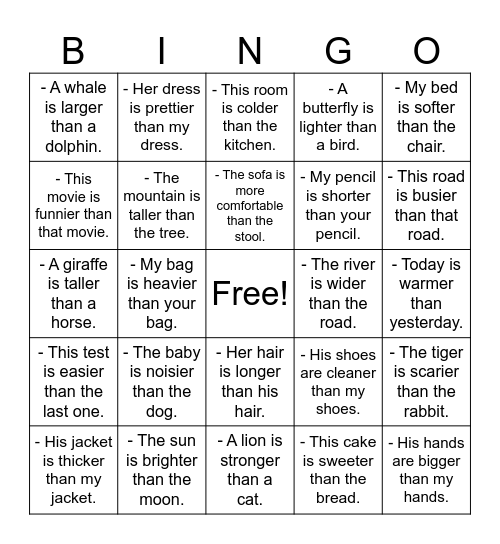 Bigger, Smaller, Faster Bingo Card