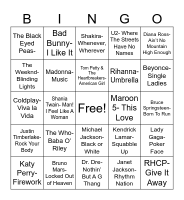 Radio Bingo Super Bowl Halftime Performers Bingo Card