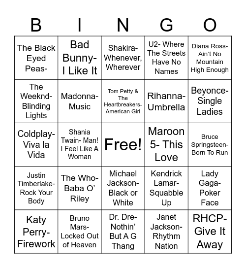 Radio Bingo Super Bowl Halftime Performers Bingo Card