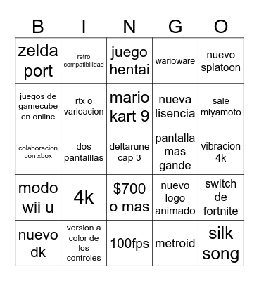 nintendo switch 2 Bingo Card