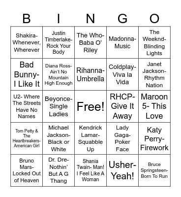 Radio Bingo Super Bowl Halftime Performers Bingo Card
